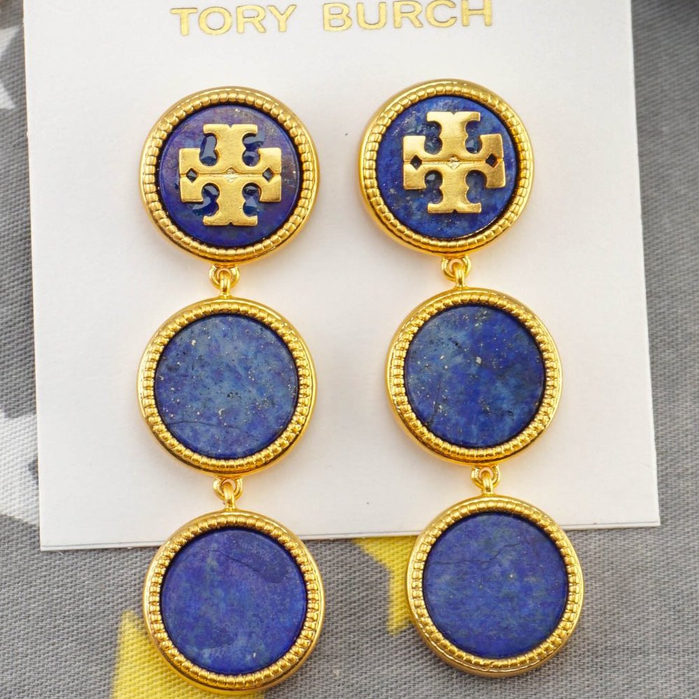 Tory Burch Triple Button Drop Statement Earrings - Semiprecious Blue Lapis - Picture 3 of 6